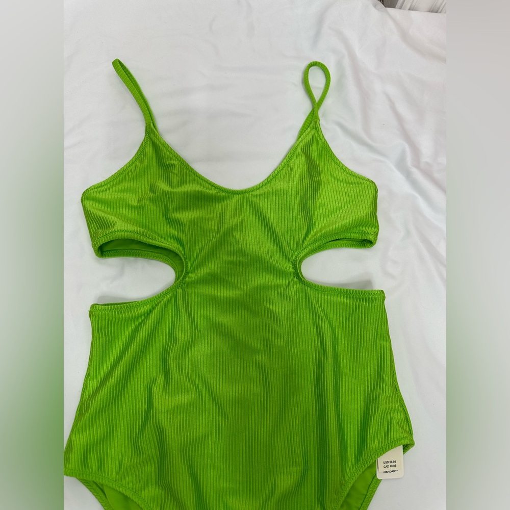 Aerie Lime Green Shine Rib Voop Cheeky‎ One Piece Swimsuit Sz Medium SPF 50 - Picture 6 of 8